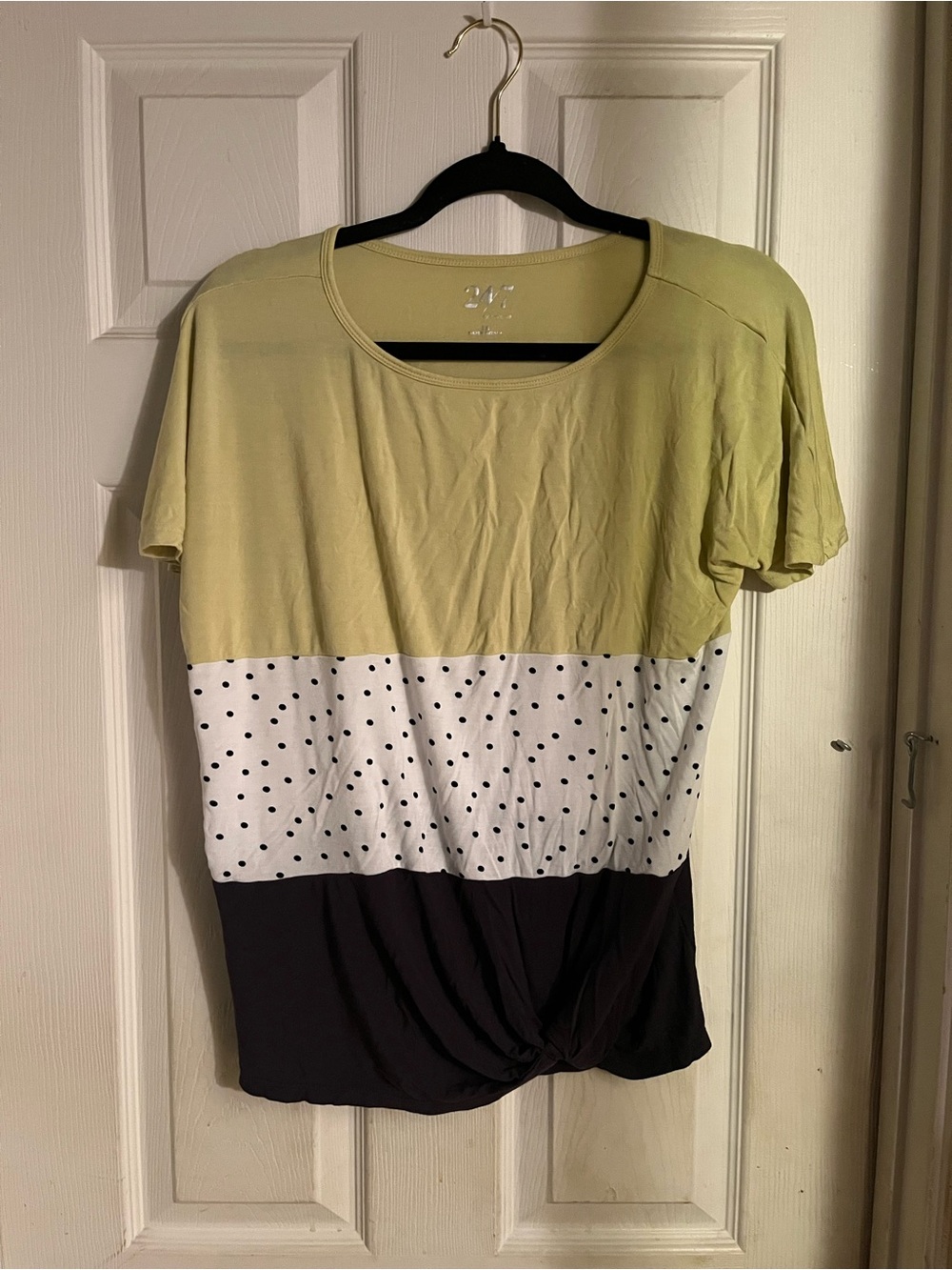 Polka Dot Colorblock Twist-Hem Short Sleeve Top